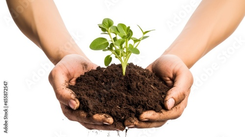 Hand Holding Small Plant on Soil, Isolated on White Background - Eco-Friendly Concept