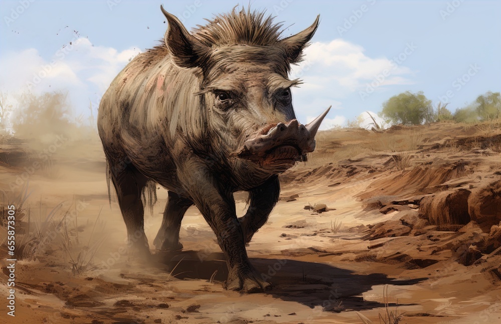 Fototapeta premium A fierce warthog in the desert. Great for stories about safaris, the wilderness, adventure, travel, photography, wildlife and more. 