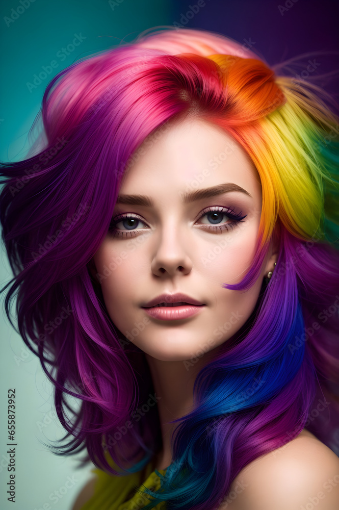 A young female model with rainbow-colored hair and positive composure A young female model with rainbow-colored hair and positive composure