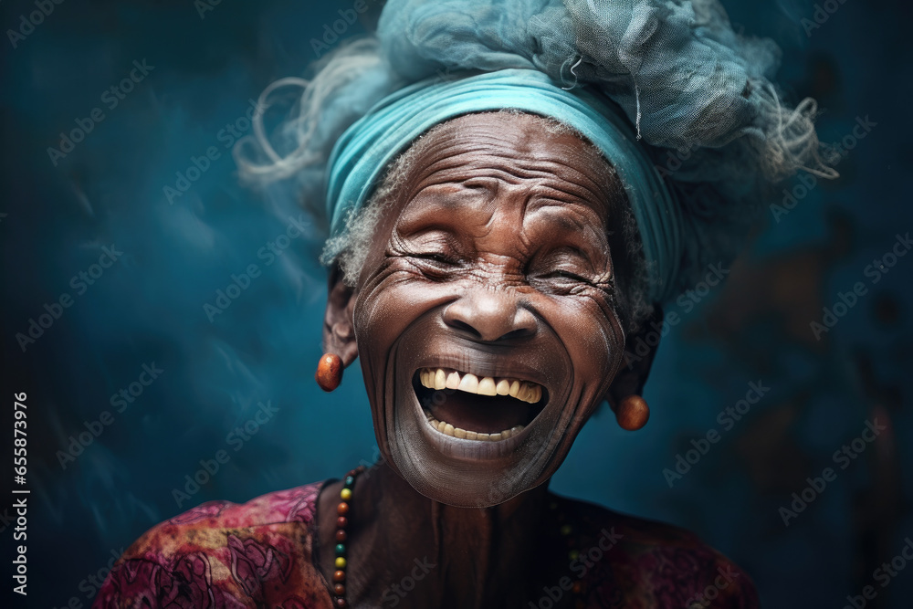 eine ältere Frau lacht in die Kamera, an older woman laughs into the camera - obrazy, fototapety, plakaty 