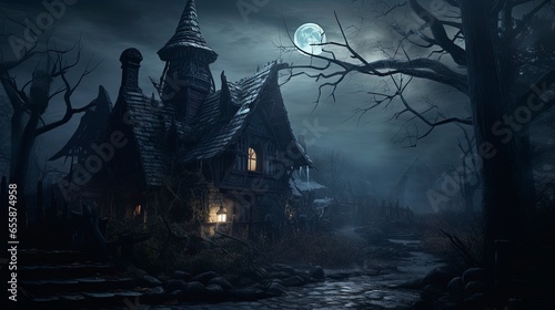 Night dark fantasy landscape, old house with horror stories. Generation AI