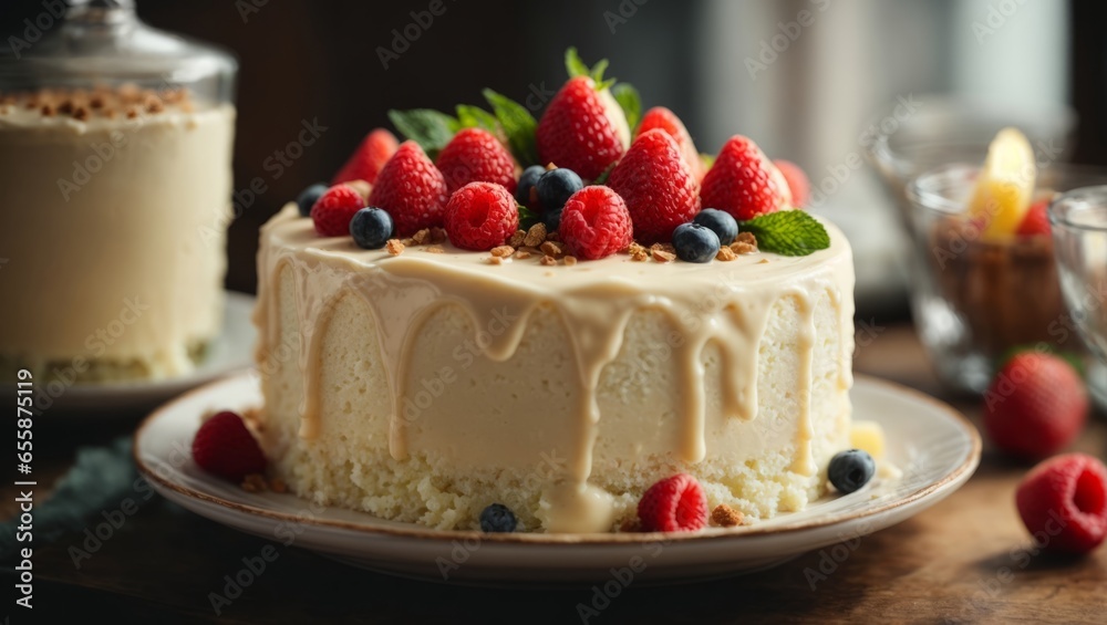 Close-up, delicious cake with cream and strawberries