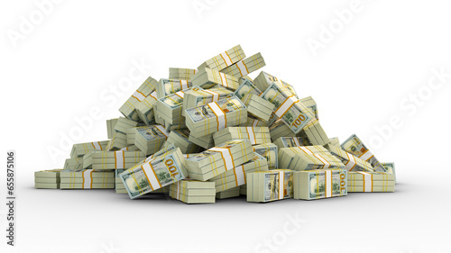 Big pile of bundles of 100 US dollar notes. 3d rendering of stacks of cash