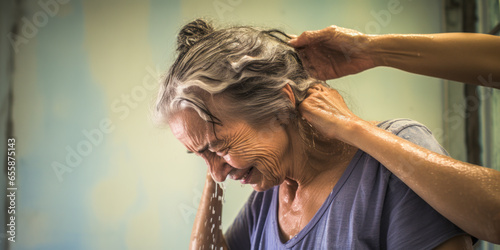 Touching caregiver washing elderly handicapped woman's hair with dignity and care. photo