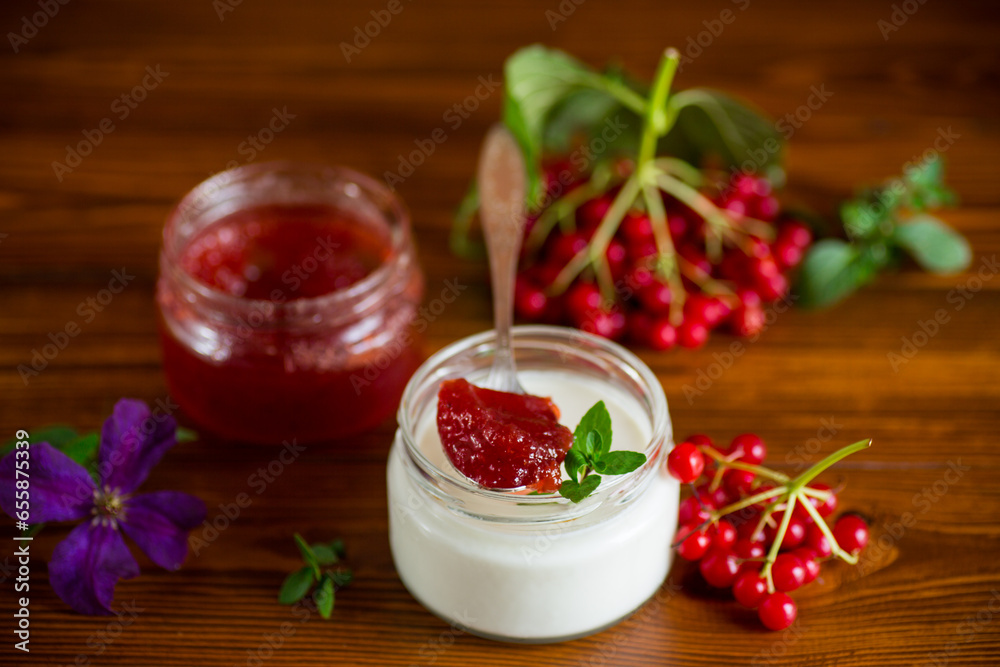 Prepared homemade yogurt with viburnum jam and viburnum . Prepared homemade yogurt with viburnum jam and viburnum .