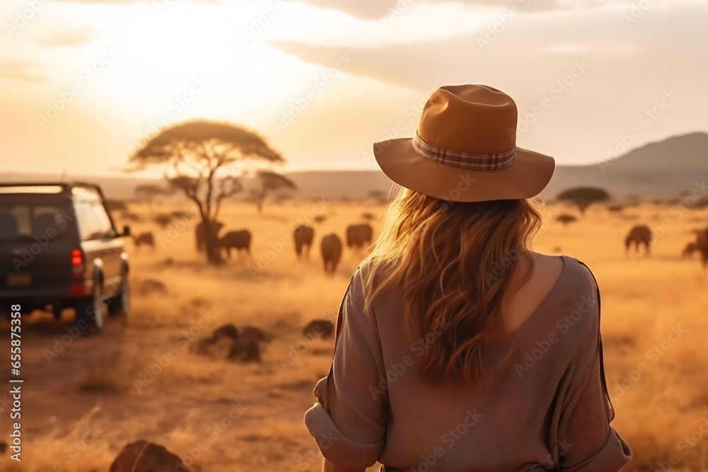 a beautiful female tourist explore a savanna