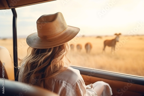 a beautiful female tourist explore a savanna