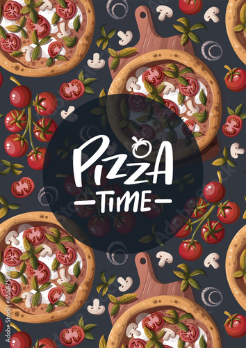 Card design with Pizza Margherita with tomatos and mozzarella. Italian cuisine, healthy food, cooking, restaurant menu, eating, recipes concept. Vector illustration.