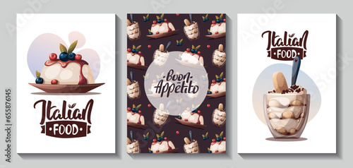 Set of square cards with Panna cotta, tiramisu. Italian dessert, sweet food, bakery, cooking, recipes, restaurant menu concept. Vector illustration for card, poster, banner.