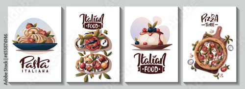 Set of square cards with Italian pizza, pasta, bruschetta, panna cotta. Italian food, healthy eating, cooking, recipes, restaurant menu concept. Vector illustration for card, poster, banner.