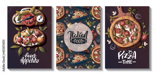 Set of cards with Italian pizza, pasta, bruschetta. Italian food, healthy eating, cooking, recipes, restaurant menu concept. Vector illustration for card, poster, banner.