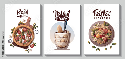 Set of square cards with Italian pizza, pasta and tiramisu. Italian food, healthy eating, cooking, recipes, restaurant menu concept. Vector illustration for card, poster, banner.
