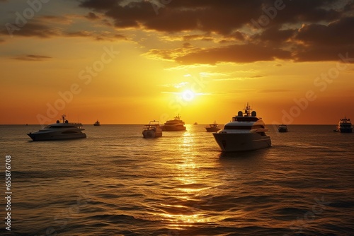 Stunning view of opulent yachts on the ocean as the sun sets. Generative AI © Esme
