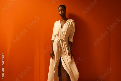 Woman in dress standing against wall with orange background.