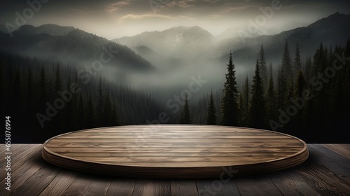 Wooden table against the backdrop of a night landscape with mountains and a foggy forest. Generation AI