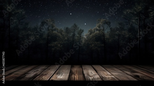 Wooden table against the backdrop of a night landscape with mountains and a foggy forest. Generation AI