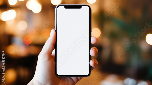 person holding smartphone with blank white screen on blurred bokeh background indoors