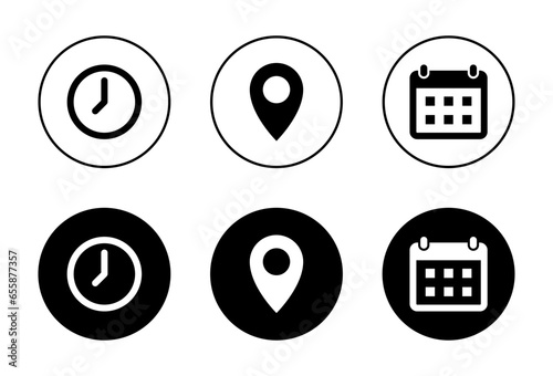 Time, location, and calendar icon vector in black circle. Clock, marker, schedule sign symbol