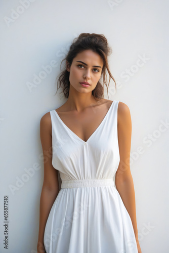 Woman in white dress posing for picture with her hands on her hips.