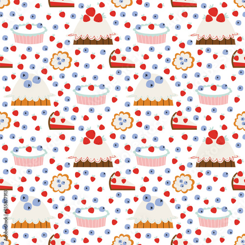 Seamless pattern with strawberry cake, berries. Background with sweet berry desert. Great for wallpaper, backgrounds, packaging, fabric, scrapbook
