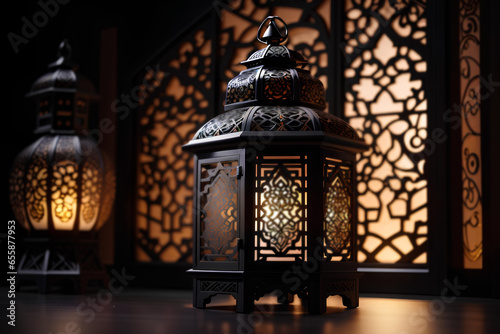 Decorative Arabic lanterns with burning candles inside on dark background. Festive greeting card, invitation for Muslim holy month Ramadan Kareem. © Logvin art