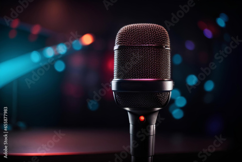 Microphone on stage with bokeh background. Music concept.