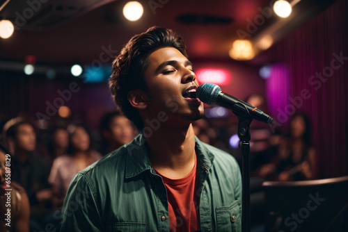 Beautiful young man singing into a microphone in a nightclub. Karaoke Singer. Music concept.