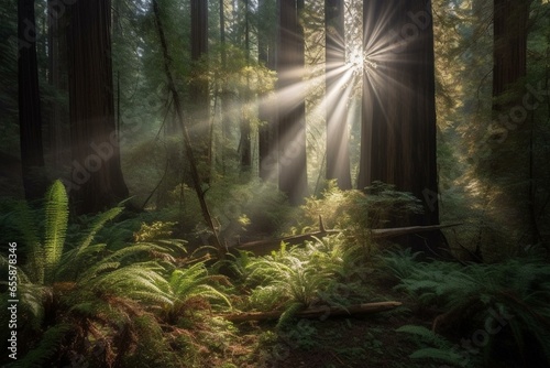 Sunlight streaming through majestic redwood trees in a Californian forest. Generative AI