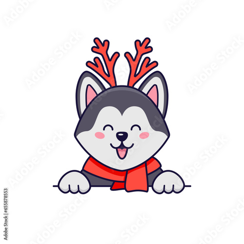 Christmas cute husky dog with red deer horns. Vector illustration in cartoon style