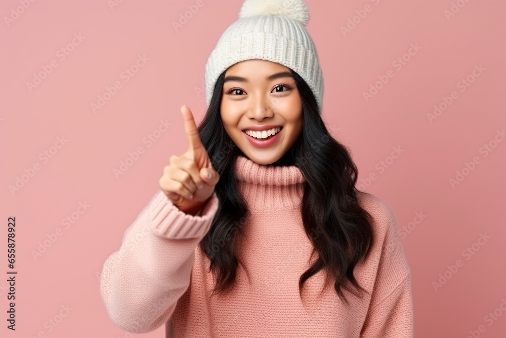 Asian person wearing winter clothes, giving information, index hand pointing to the left, beautiful face, smiling, generative ai Asian person wearing winter clothes, giving information, index hand pointing to the left, beautiful face, smiling, generative ai