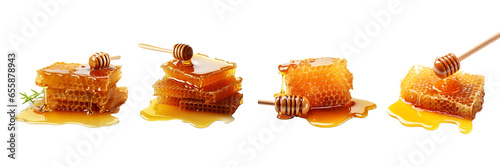 honeycombs with drops of honey with a spoon close-up on a transparent background