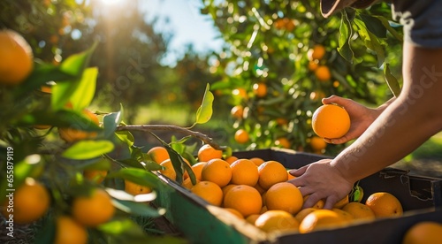 oranges on tree, close-uo of hand picking orange, oranges in the garden, harvest for oranges © Gegham
