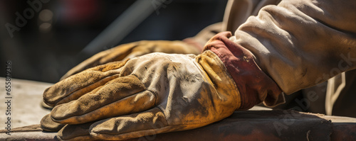 Detail on work gloves wide banner. Gloves after use in hard work © Michal