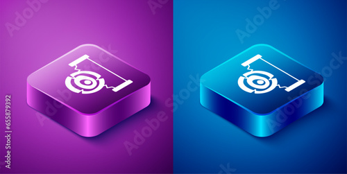 Isometric Two-handed saw and log icon isolated on blue and purple background. Square button. Vector