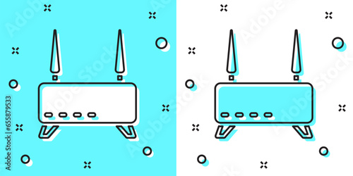 Black line Router and wi-fi signal icon isolated on green and white background. Wireless ethernet modem router. Computer technology internet. Random dynamic shapes. Vector