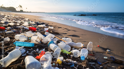 Pollution on the beach of tropical sea. Sea beach with ecological garbage. Royalty high-quality stock photo image of trash, plastic bag, bottle on the beach.

