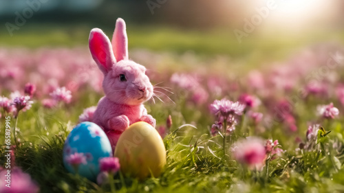 Cartolina Pasquale, coniglietto rosa nel prato con uova