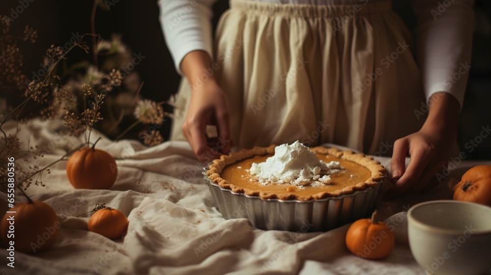 Generative AI, Homemade american traditional pumpkin pie preparing process, aesthetic muted colors