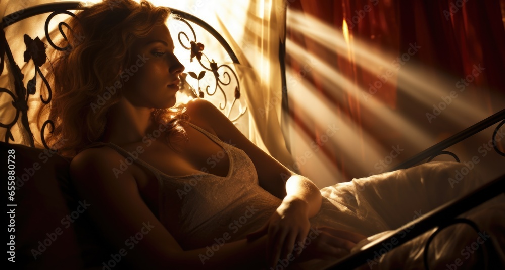 A woman laying in a bed with her eyes closed