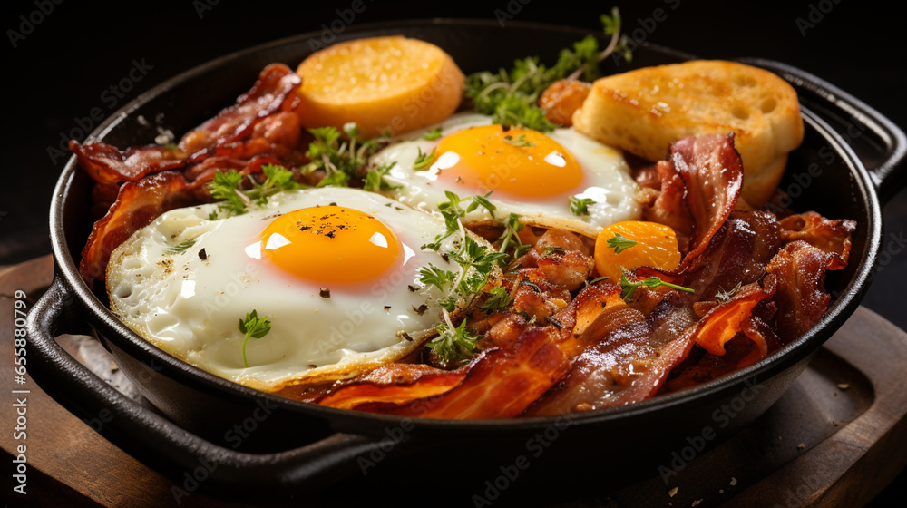 Close view of english breakfast in a pan with fried eggs sausages bacon mushrooms