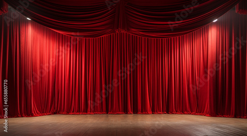 Empty theater stage with red velvet curtains. 3d illustration © Nataliia