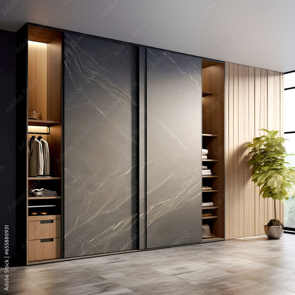 Obraz na płótnie Wooden wardrobe with black marble doors in scandinavian style interior design of modern bedroom. w salonie