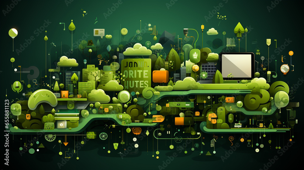 creative illustration of marketing word lettering typography with line icons, tag cloud on green background