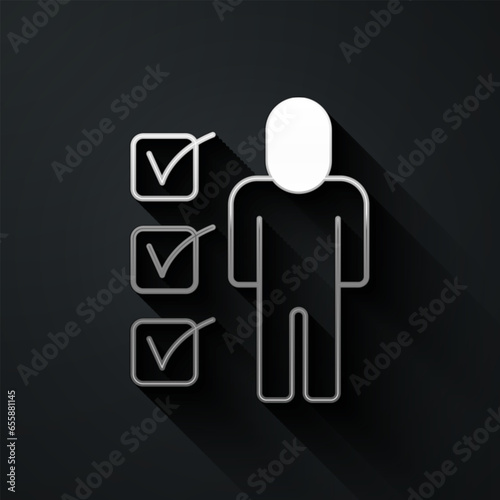 Silver Resume icon isolated on black background. CV application. Searching professional staff. Analyzing personnel resume. Long shadow style. Vector