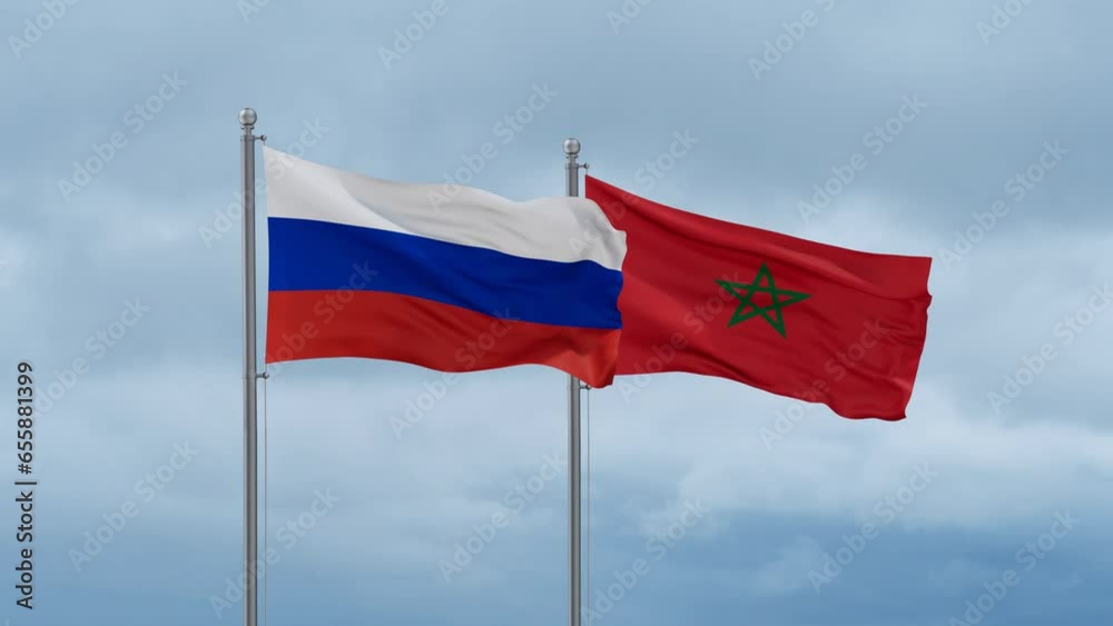 Morocco flag and Russia flag waving together on cloudy sky, endless seamless loop, two country relations concept Morocco flag and Russia flag waving together on cloudy sky, endless seamless loop, two country relations concept
