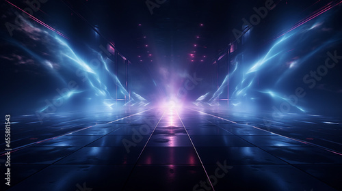 Empty background scene. Dark street, reflection of blue and pink neon light on wet pavement. Rays of light in the dark, smoke. Night view of the city. Abstract dark background. 3d illustration photo