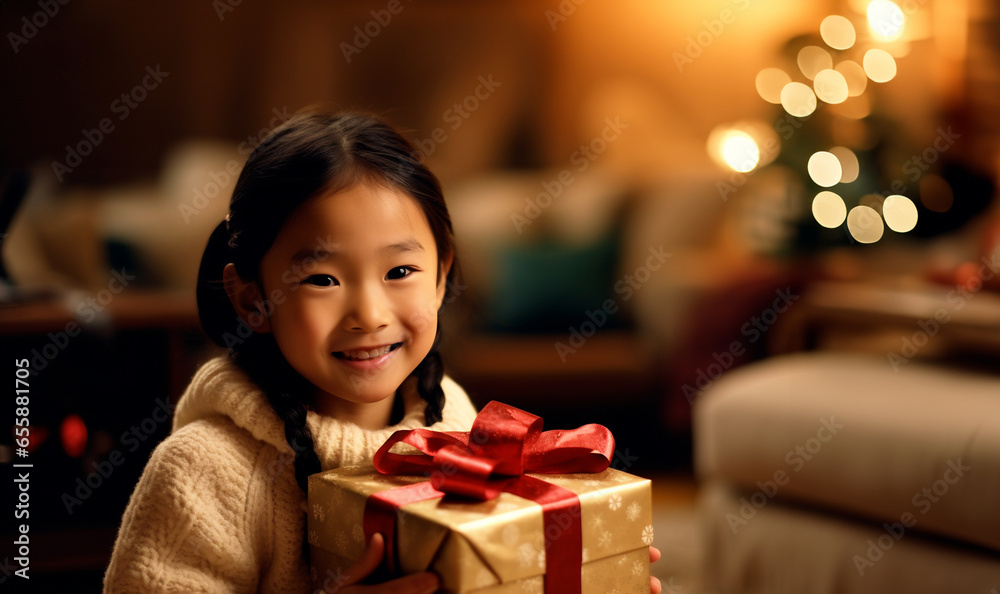 Portrait of Asian young little kid open gift box from Santa Claus. Happy family, little kid feel happy and excited for surprise ready to celebrate Christmas together. Merry Christmas concept. Portrait of Asian young little kid open gift box from Santa Claus. Happy family, little kid feel happy and excited for surprise ready to celebrate Christmas together. Merry Christmas concept.