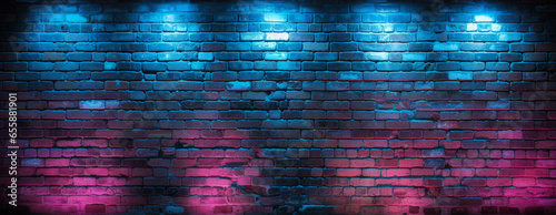 Empty scene background. Old brick wall, wooden floor. Spotlight in the dark, smoke photo