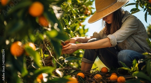 Fotografie, Obraz oranges on tree, close-uo of hand picking orange, oranges in the garden, harvest