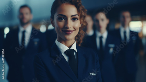 Skyward Grace: Flying Stewardesses, Bedecked in their Elegant Airline Attire, Beam with Smiles as They Face the Camera, Surrounded by a Cohort of Common Flying Steward Girls 